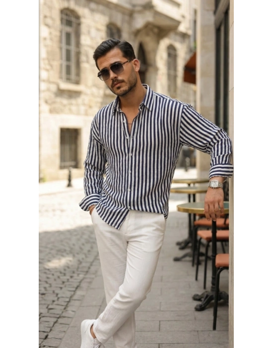 Erkek Dikey Çizgili Yarım Oversize Gömlek