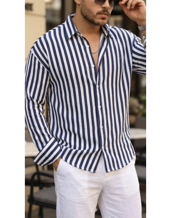 Erkek Dikey Çizgili Yarım Oversize Gömlek