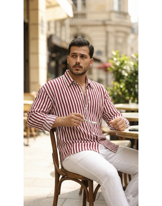 Erkek Dikey Çizgili Yarım Oversize Gömlek