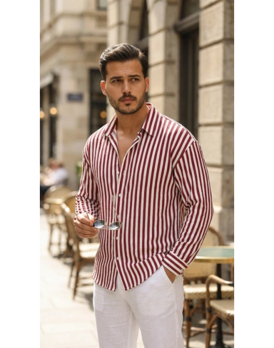 Erkek Dikey Çizgili Yarım Oversize Gömlek