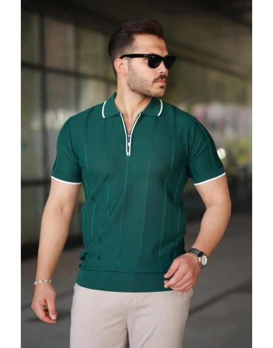 Erkek Dikey Kabartmalı Örgü Dokulu Fermuar Yakalı Tişört