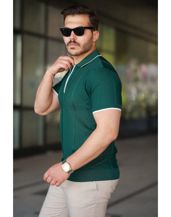 Erkek Dikey Kabartmalı Örgü Dokulu Fermuar Yakalı Tişört