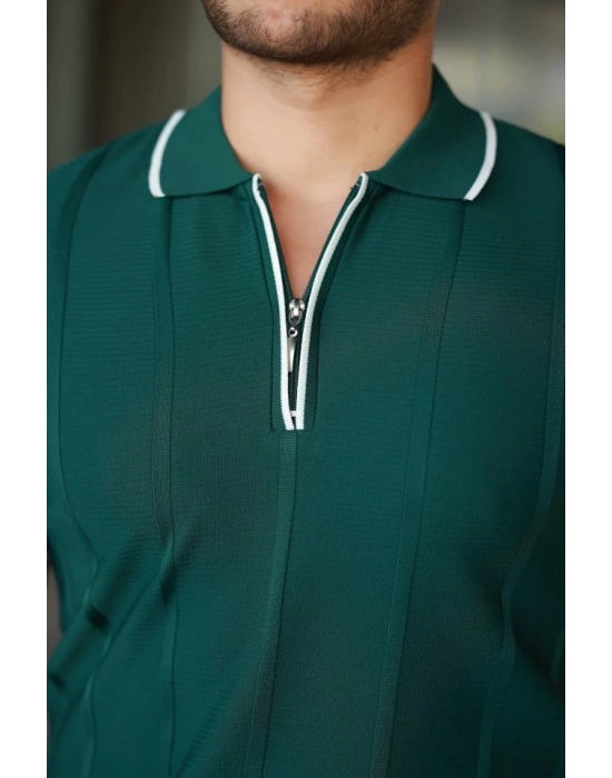 Erkek Dikey Kabartmalı Örgü Dokulu Fermuar Yakalı Tişört