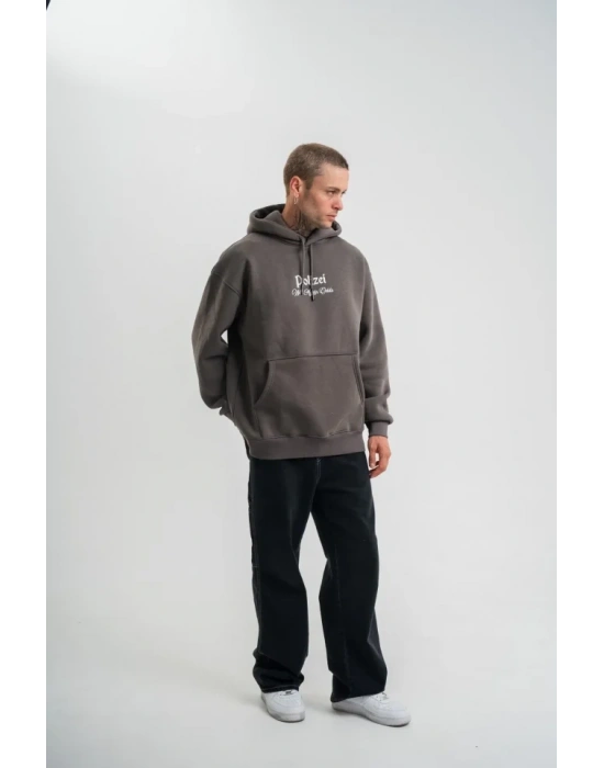 Erkek Double Oversize Kapüşonlu weatshirt 3 İplik Pamuklu Göğüs Nakışlı Premium Kalite – Antrasit
