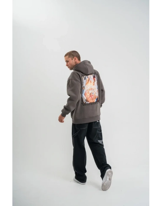 Erkek Double Oversize Kapüşonlu weatshirt 3 İplik Pamuklu Göğüs Nakışlı Premium Kalite – Antrasit
