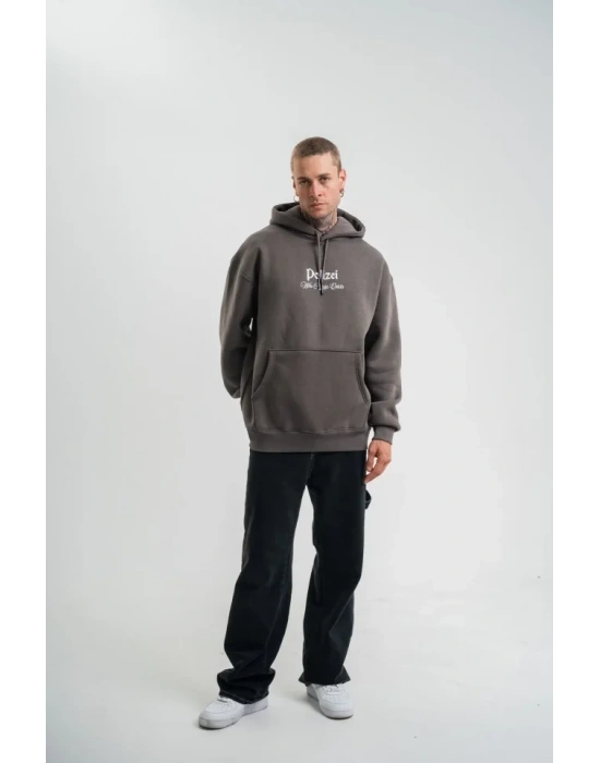 Erkek Double Oversize Kapüşonlu weatshirt 3 İplik Pamuklu Göğüs Nakışlı Premium Kalite – Antrasit