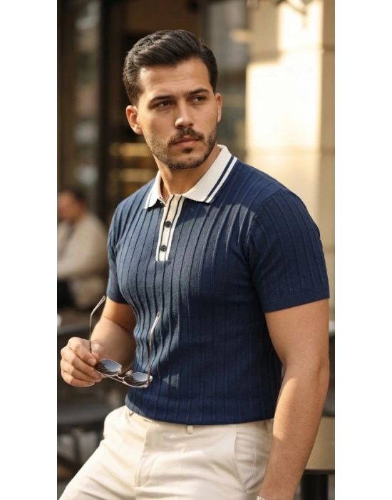 Erkek Düğme Yakalı Kontrast Yaka Triko Tişört