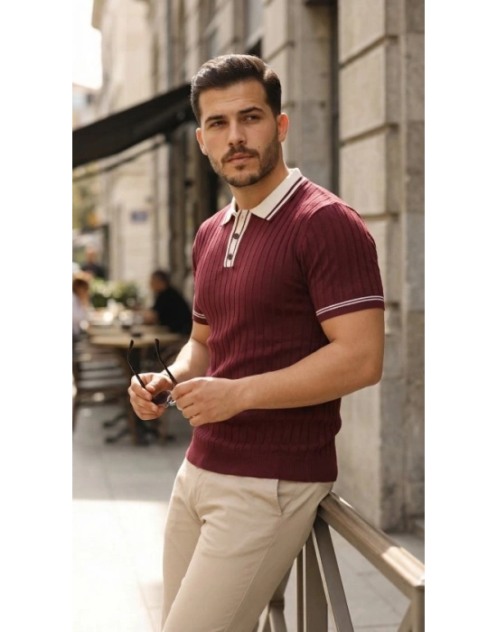 Erkek Düğme Yakalı Kontrast Yaka Triko Tişört