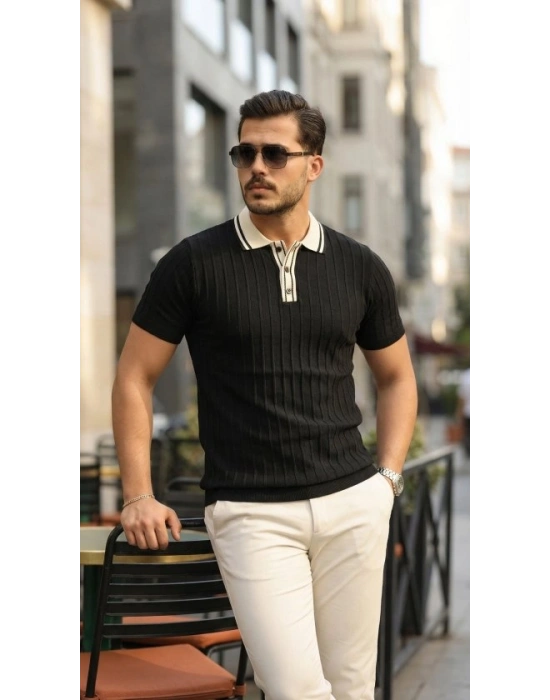 Erkek Düğme Yakalı Kontrast Yaka Triko Tişört