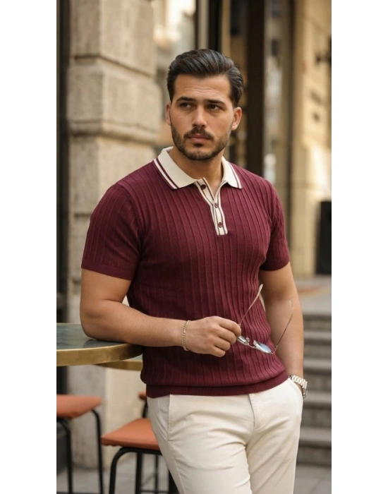 Erkek Düğme Yakalı Kontrast Yaka Triko Tişört