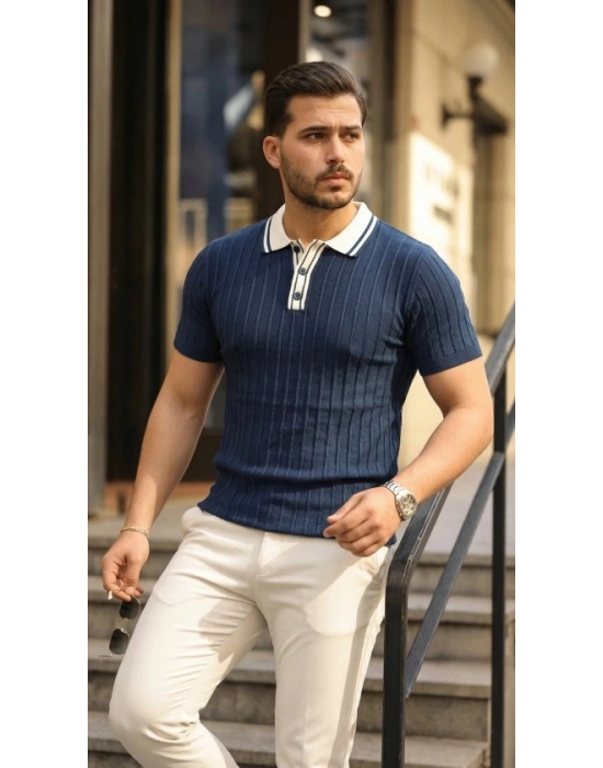 Erkek Düğme Yakalı Kontrast Yaka Triko Tişört