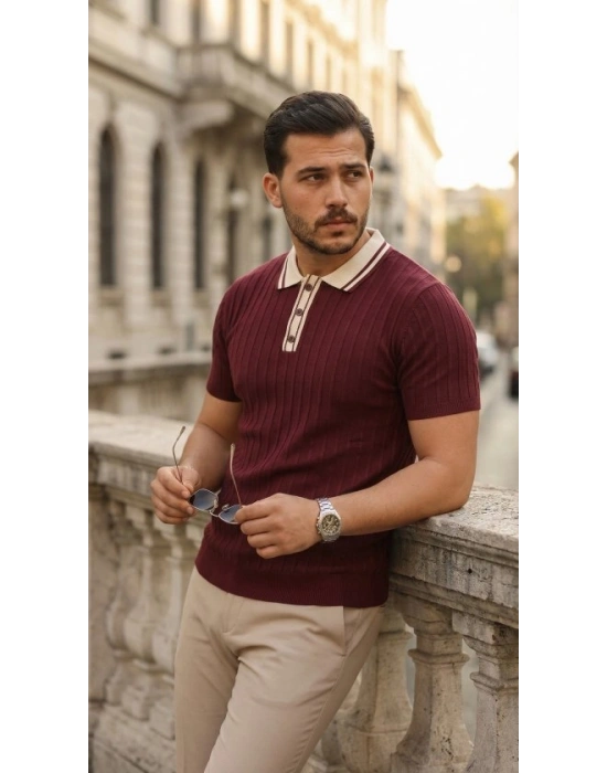 Erkek Düğme Yakalı Kontrast Yaka Triko Tişört