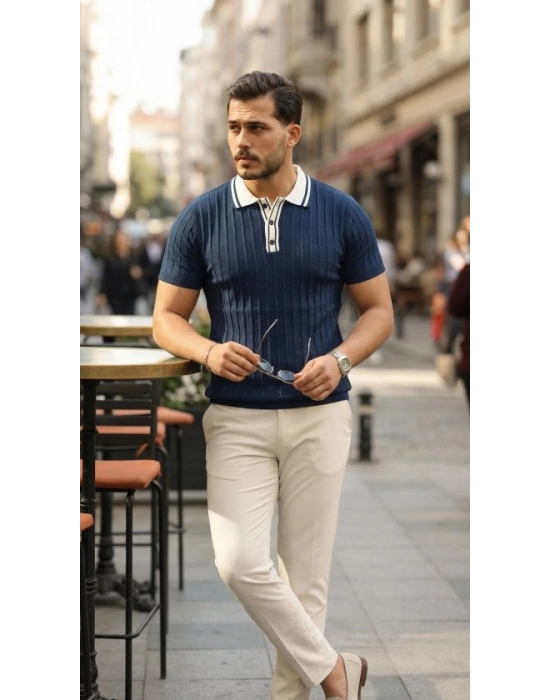 Erkek Düğme Yakalı Kontrast Yaka Triko Tişört