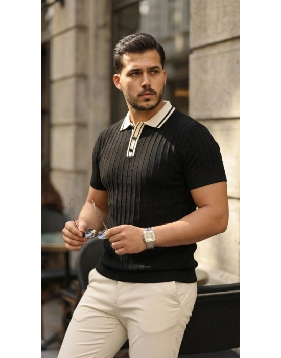 Erkek Düğme Yakalı Kontrast Yaka Triko Tişört