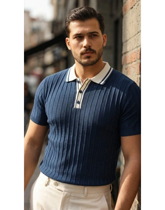 Erkek Düğme Yakalı Kontrast Yaka Triko Tişört