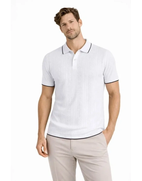 Erkek Düğmeli Yaka Triko Dokuma Tişört Desenli Yazlık Şık Günlük Triko Tişört  Beyaz