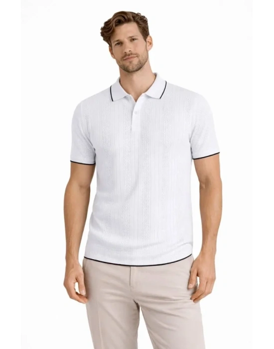 Erkek Düğmeli Yaka Triko Dokuma Tişört Desenli Yazlık Şık Günlük Triko Tişört  Beyaz