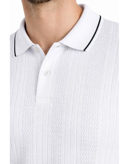 Erkek Düğmeli Yaka Triko Dokuma Tişört Desenli Yazlık Şık Günlük Triko Tişört  Beyaz