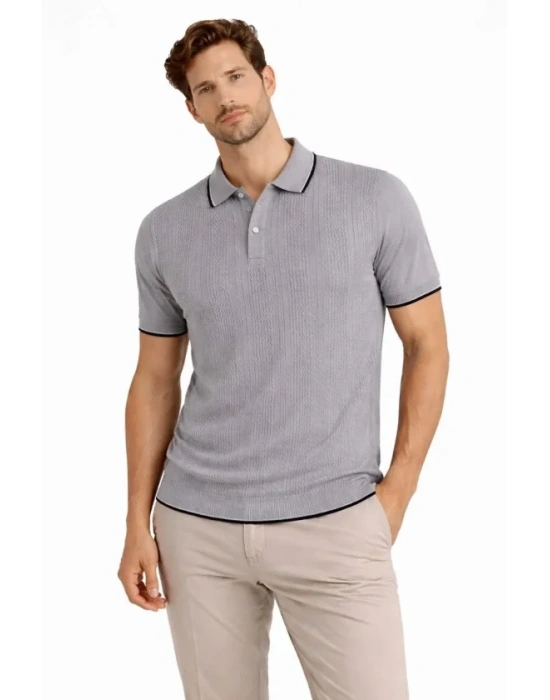 Erkek Düğmeli Yaka Triko Dokuma Tişört Desenli Yazlık Şık Günlük Triko Tişört  Gri