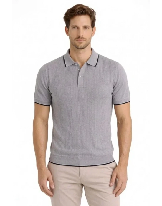 Erkek Düğmeli Yaka Triko Dokuma Tişört Desenli Yazlık Şık Günlük Triko Tişört  Gri