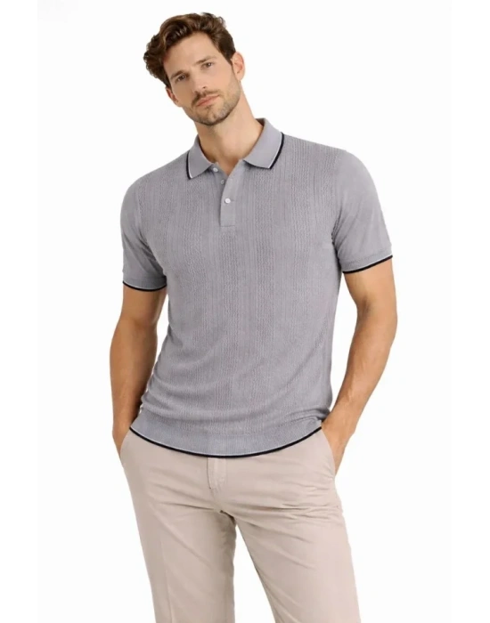 Erkek Düğmeli Yaka Triko Dokuma Tişört Desenli Yazlık Şık Günlük Triko Tişört  Gri