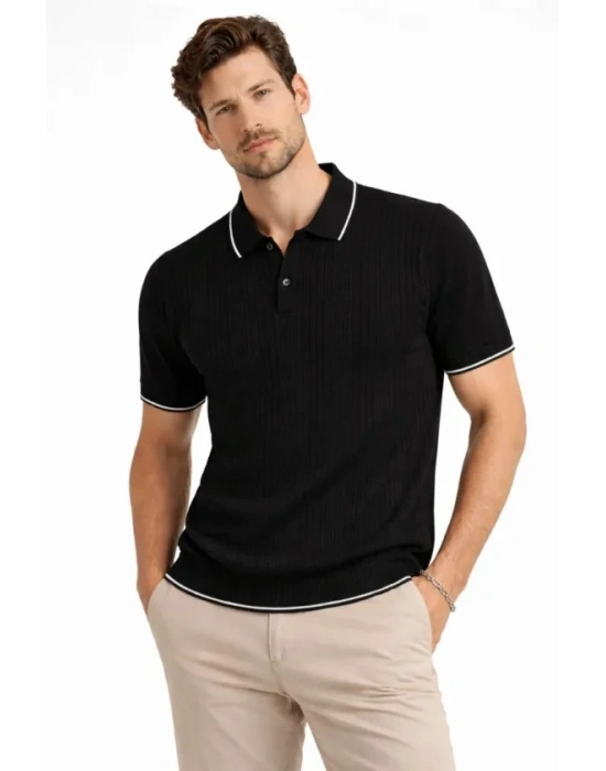 Erkek Düğmeli Yaka Triko Dokuma Tişört Desenli Yazlık  Şık Günlük Triko Tişört  iyah