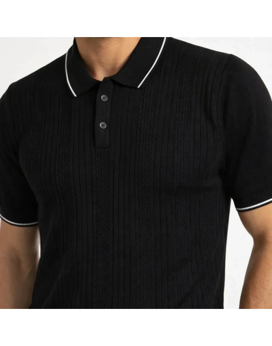 Erkek Düğmeli Yaka Triko Dokuma Tişört Desenli Yazlık  Şık Günlük Triko Tişört  iyah