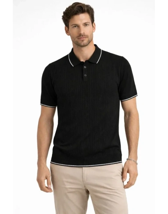 Erkek Düğmeli Yaka Triko Dokuma Tişört Desenli Yazlık  Şık Günlük Triko Tişört  iyah