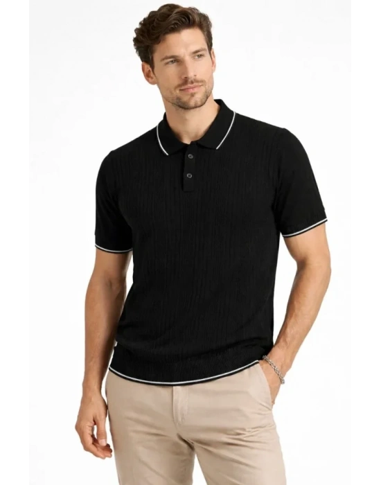 Erkek Düğmeli Yaka Triko Dokuma Tişört Desenli Yazlık  Şık Günlük Triko Tişört  iyah