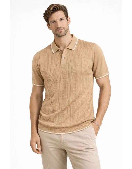 Erkek Düğmeli Yaka Triko Dokuma Tişört Desenli Yazlık Şık Günlük Triko Tişört  Kahverengi