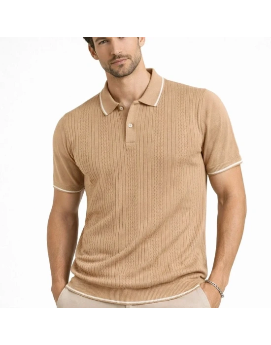 Erkek Düğmeli Yaka Triko Dokuma Tişört Desenli Yazlık Şık Günlük Triko Tişört  Kahverengi