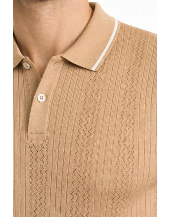 Erkek Düğmeli Yaka Triko Dokuma Tişört Desenli Yazlık Şık Günlük Triko Tişört  Kahverengi