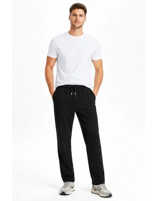 Erkek Düz Paça Beli astikli İpli Günlük por Eşofman Altı Rahat Fit  iyah