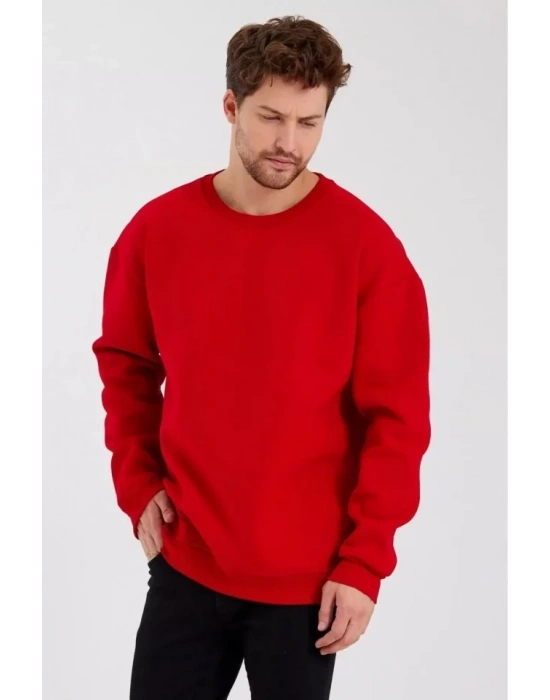 Erkek Düz Renk Bisiklet Yaka Sweat  Kırmızı