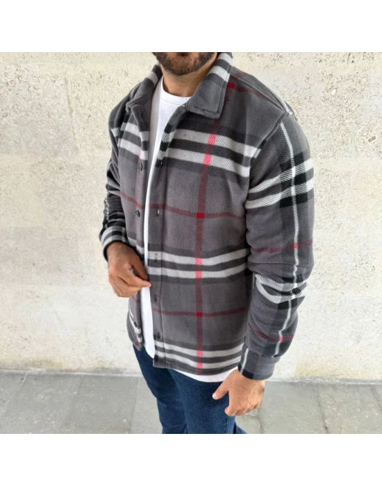 Erkek Ekose Desenli Düğmeli Polar Yakalı Uzun Kollu Gömlek Oversize Rahat Kalıp  Füme