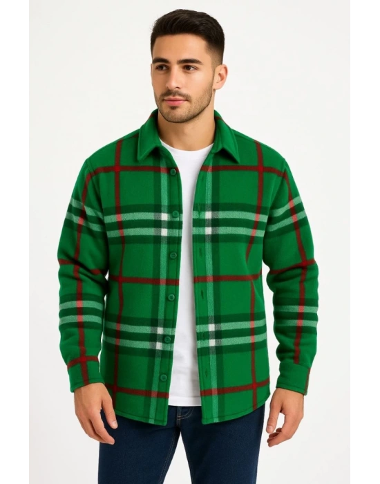 Erkek Ekose Desenli Düğmeli Polar Yakalı Uzun Kollu Gömlek Oversize Rahat Kalıp  Yeşil