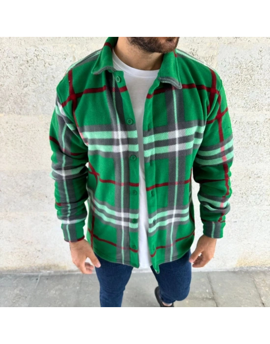 Erkek Ekose Desenli Düğmeli Polar Yakalı Uzun Kollu Gömlek Oversize Rahat Kalıp  Yeşil