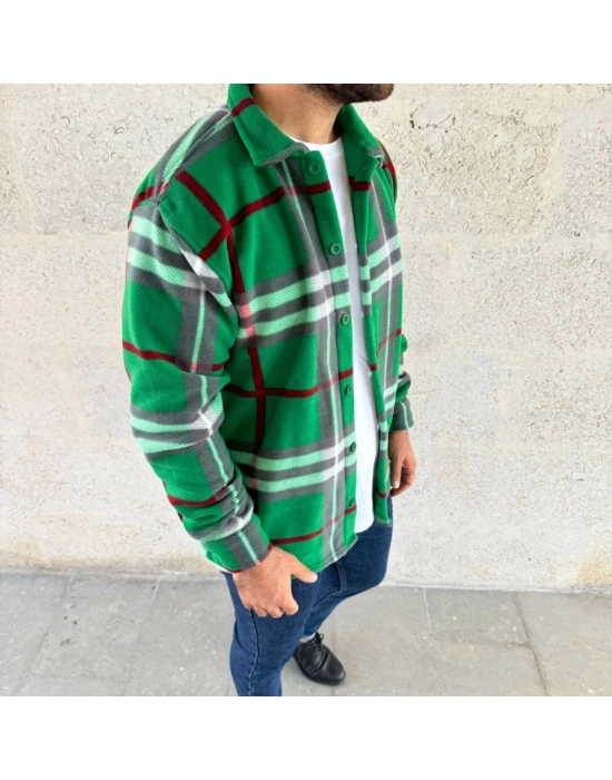 Erkek Ekose Desenli Düğmeli Polar Yakalı Uzun Kollu Gömlek Oversize Rahat Kalıp  Yeşil