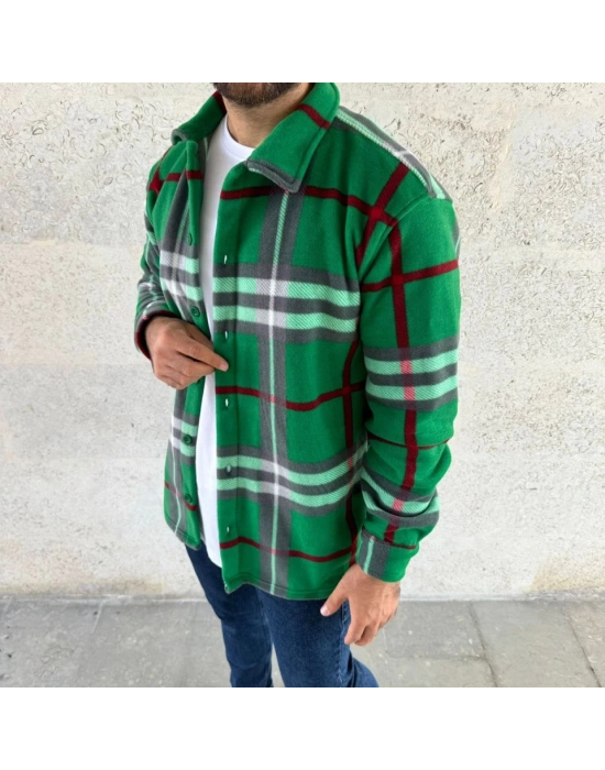 Erkek Ekose Desenli Düğmeli Polar Yakalı Uzun Kollu Gömlek Oversize Rahat Kalıp  Yeşil