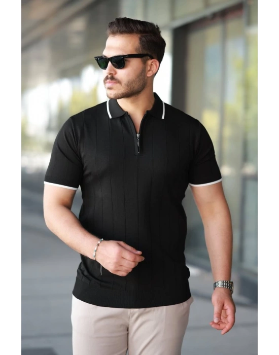 Erkek Fermuar Yakalı çizgi Dokulu Kısa Kollu Tişört