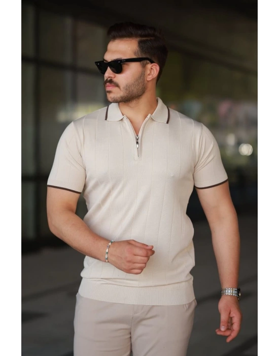 Erkek Fermuar Yakalı çizgi Dokulu Kısa Kollu Tişört