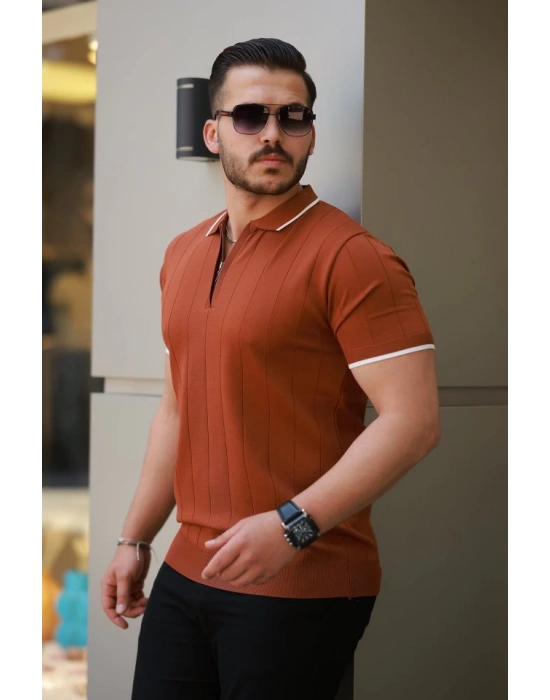 Erkek Fermuar Yakalı çizgi Dokulu Kısa Kollu Tişört