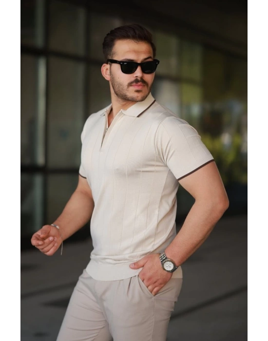 Erkek Fermuar Yakalı çizgi Dokulu Kısa Kollu Tişört