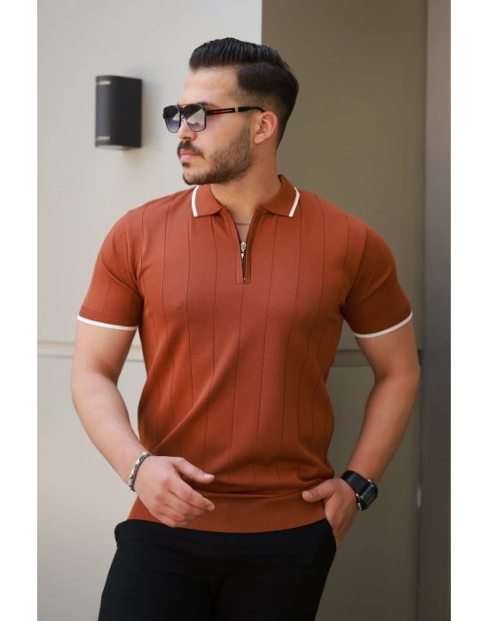 Erkek Fermuar Yakalı çizgi Dokulu Kısa Kollu Tişört