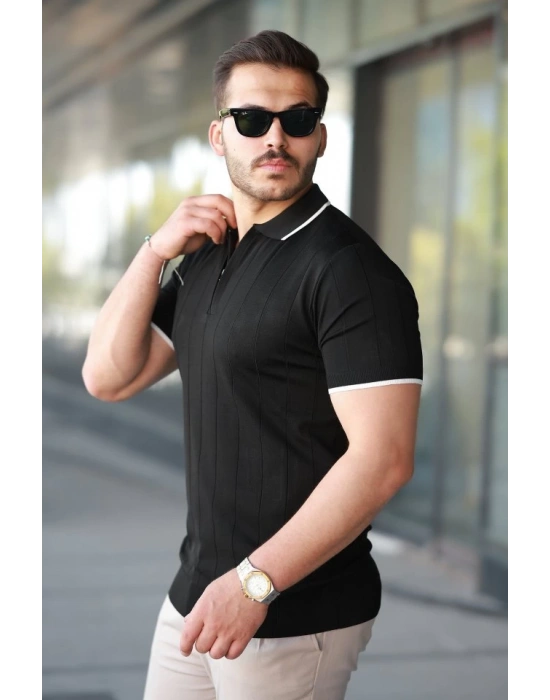 Erkek Fermuar Yakalı çizgi Dokulu Kısa Kollu Tişört