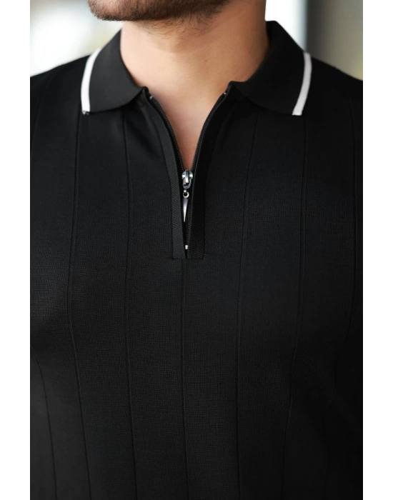 Erkek Fermuar Yakalı çizgi Dokulu Kısa Kollu Tişört