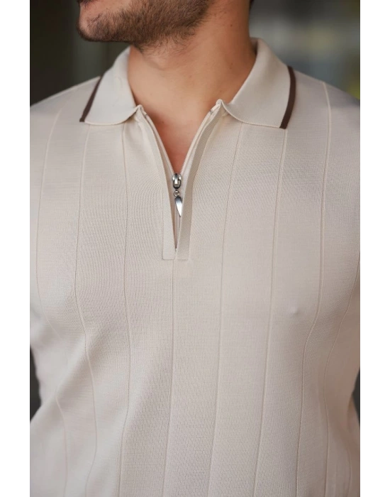 Erkek Fermuar Yakalı çizgi Dokulu Kısa Kollu Tişört