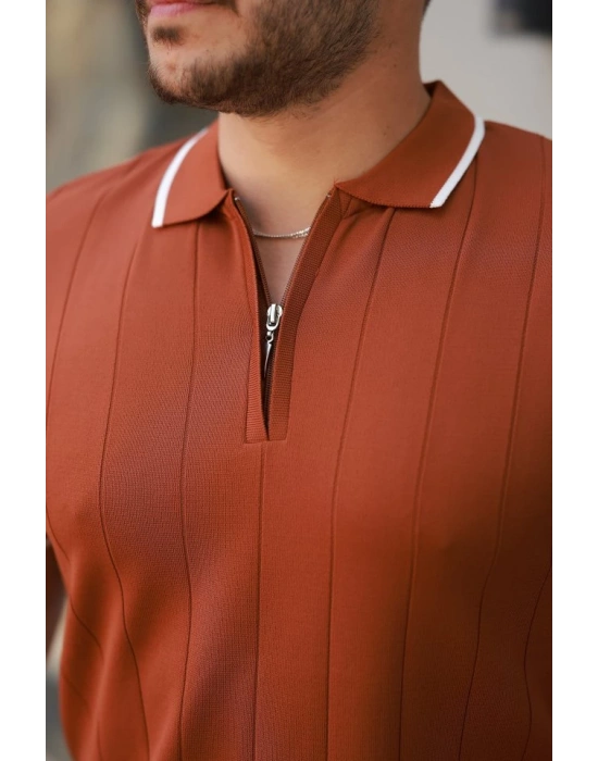 Erkek Fermuar Yakalı çizgi Dokulu Kısa Kollu Tişört