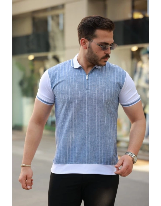 Erkek Fermuar Yakalı çizgili Kısa Kollu Tişört