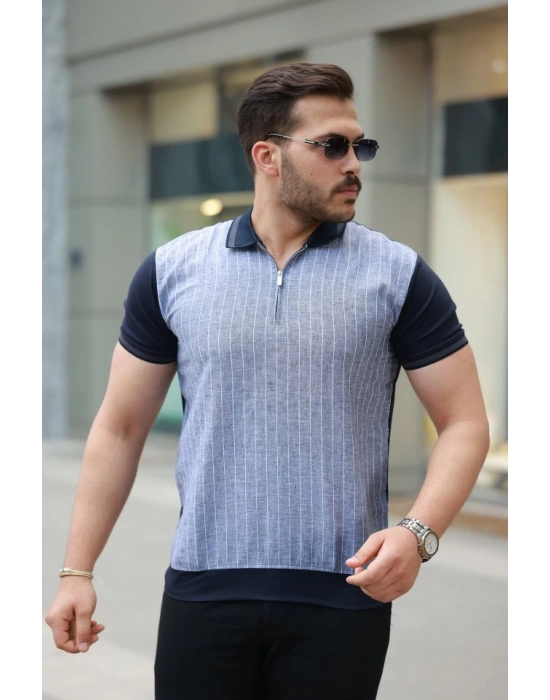Erkek Fermuar Yakalı çizgili Kısa Kollu Tişört